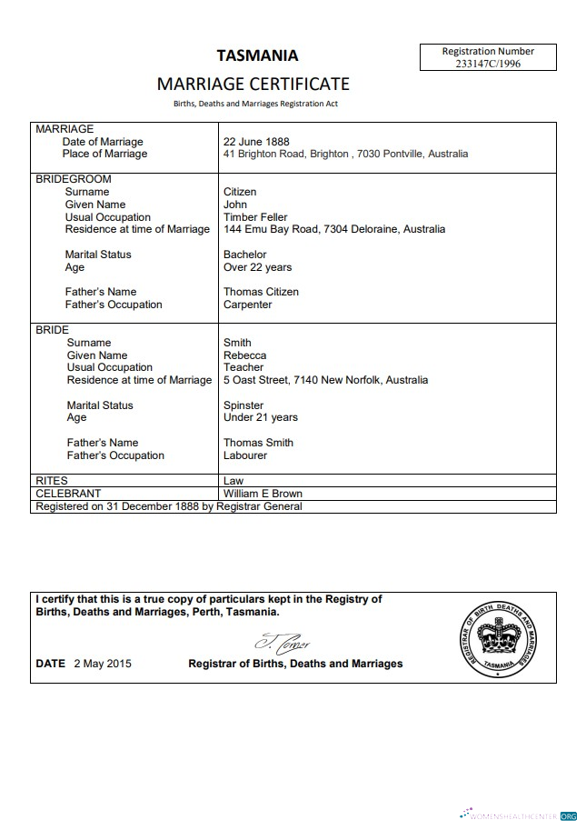 Download Australia Tasmania marriage certificate template in Word Photoshop template